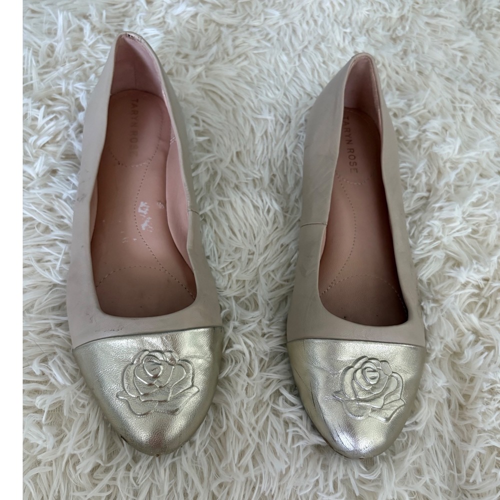 Taryn Rose Beige Gold Leather Rose Cap Toe‎ Ballet Flats Women Shoes 6
